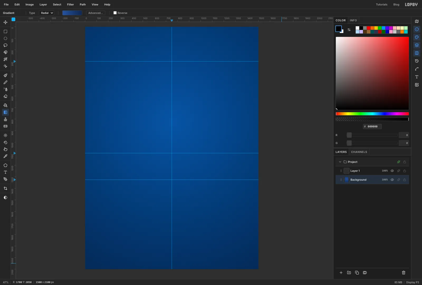 The sheet filled with a radial blue gradient, lighter in the middle