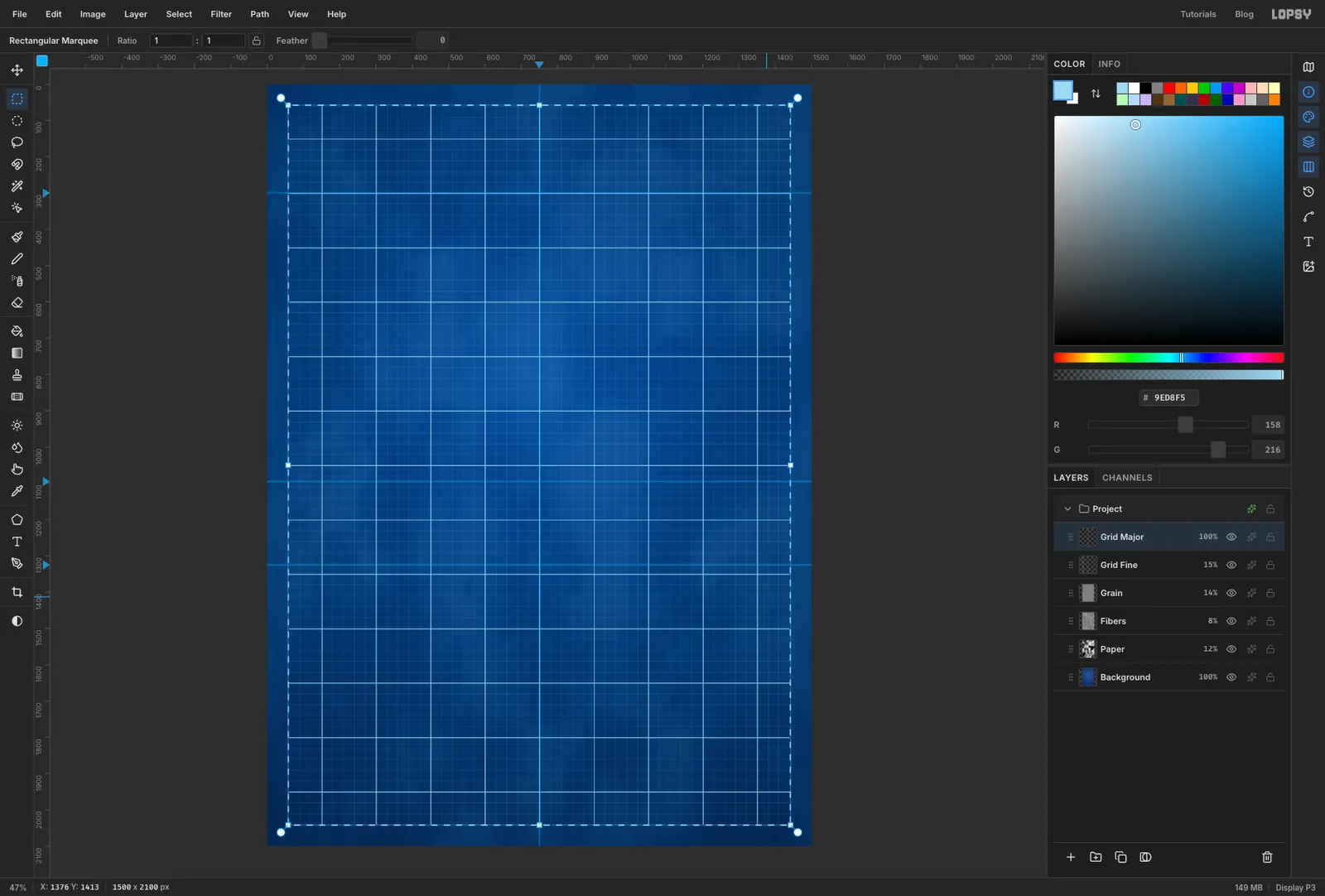 A marquee around the inside of the sheet, filled with a fine and a heavier grid