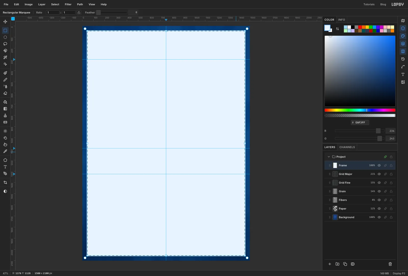 A marquee shrunk inside a white-filled rectangle, ready to delete the middle