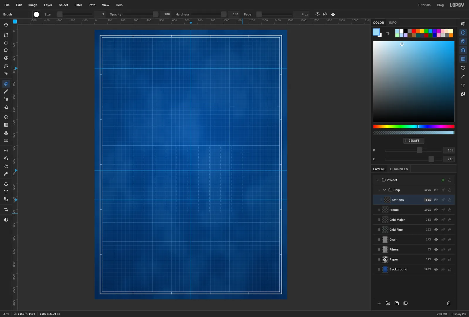Dotted cyan vertical lines across where the ship and plan will go