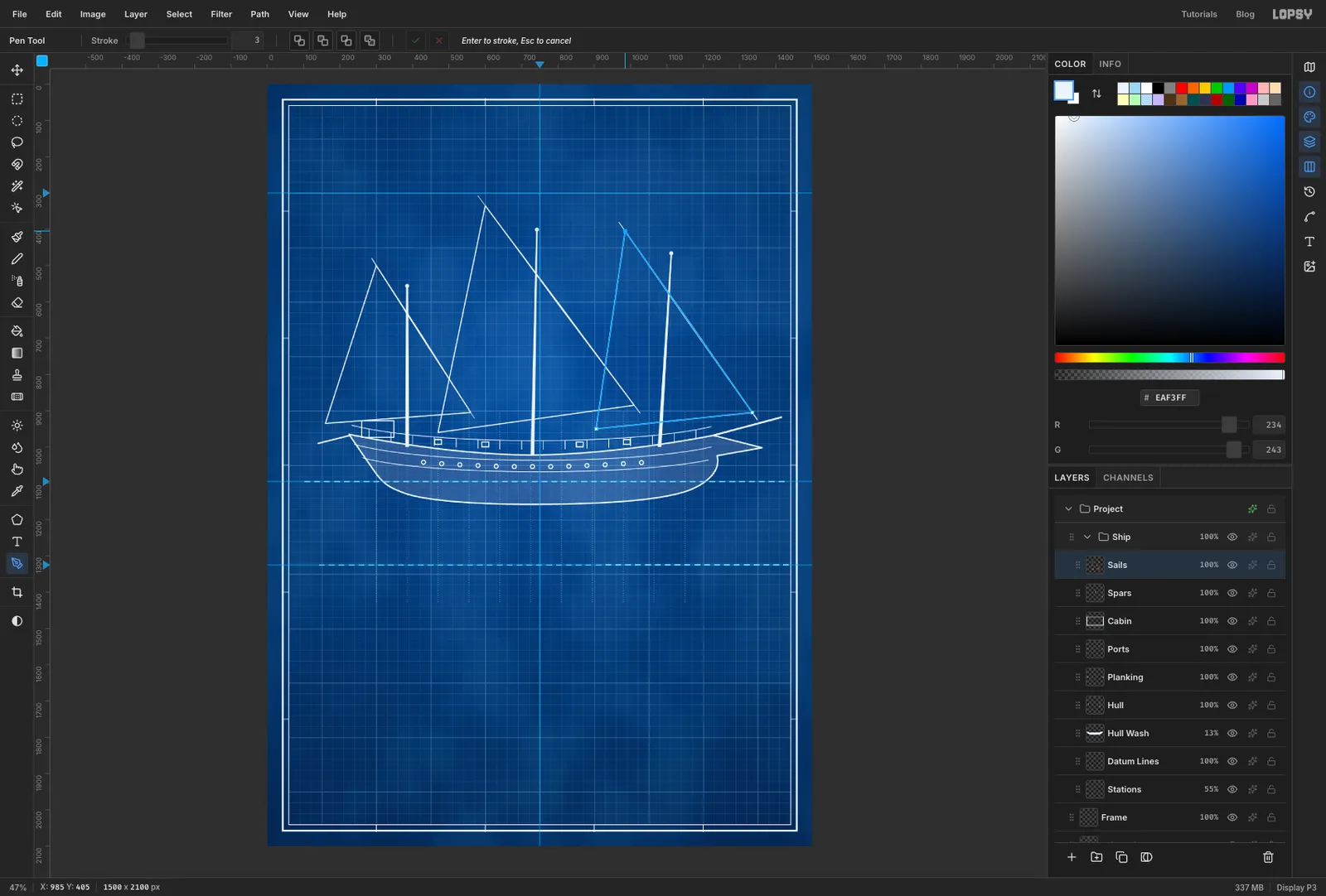 Three overlapping triangular sail outlines on the masts