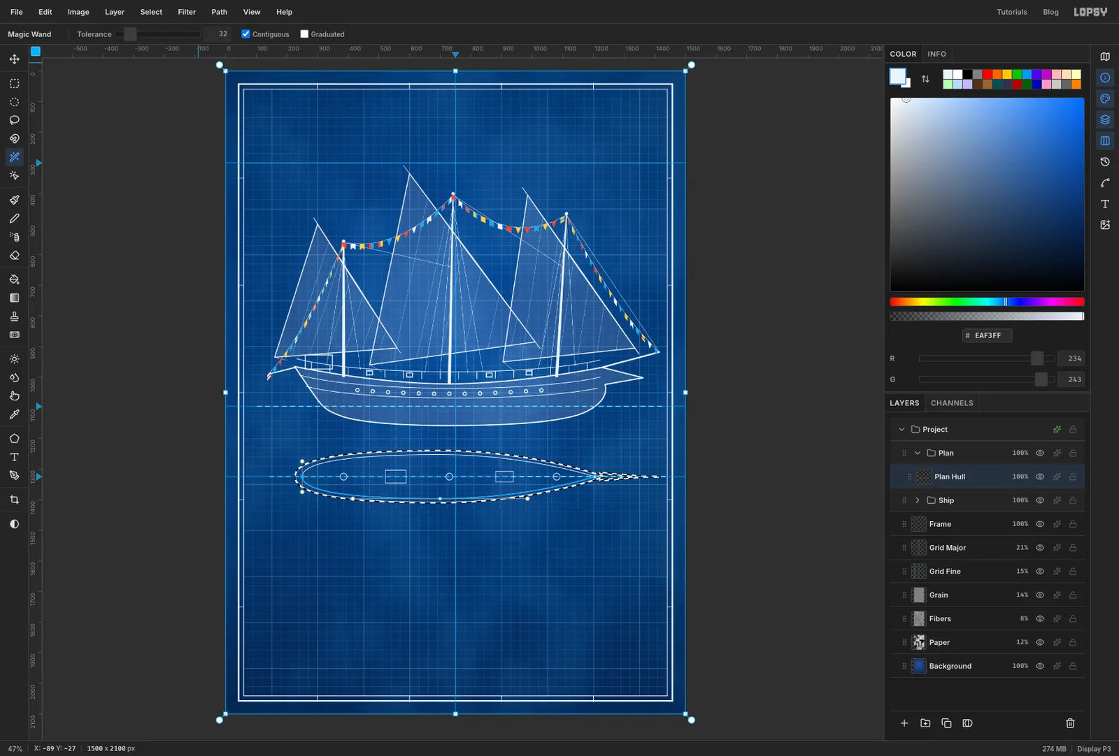 The empty sheet outside the plan selected and inverted, leaving the whole deck selected