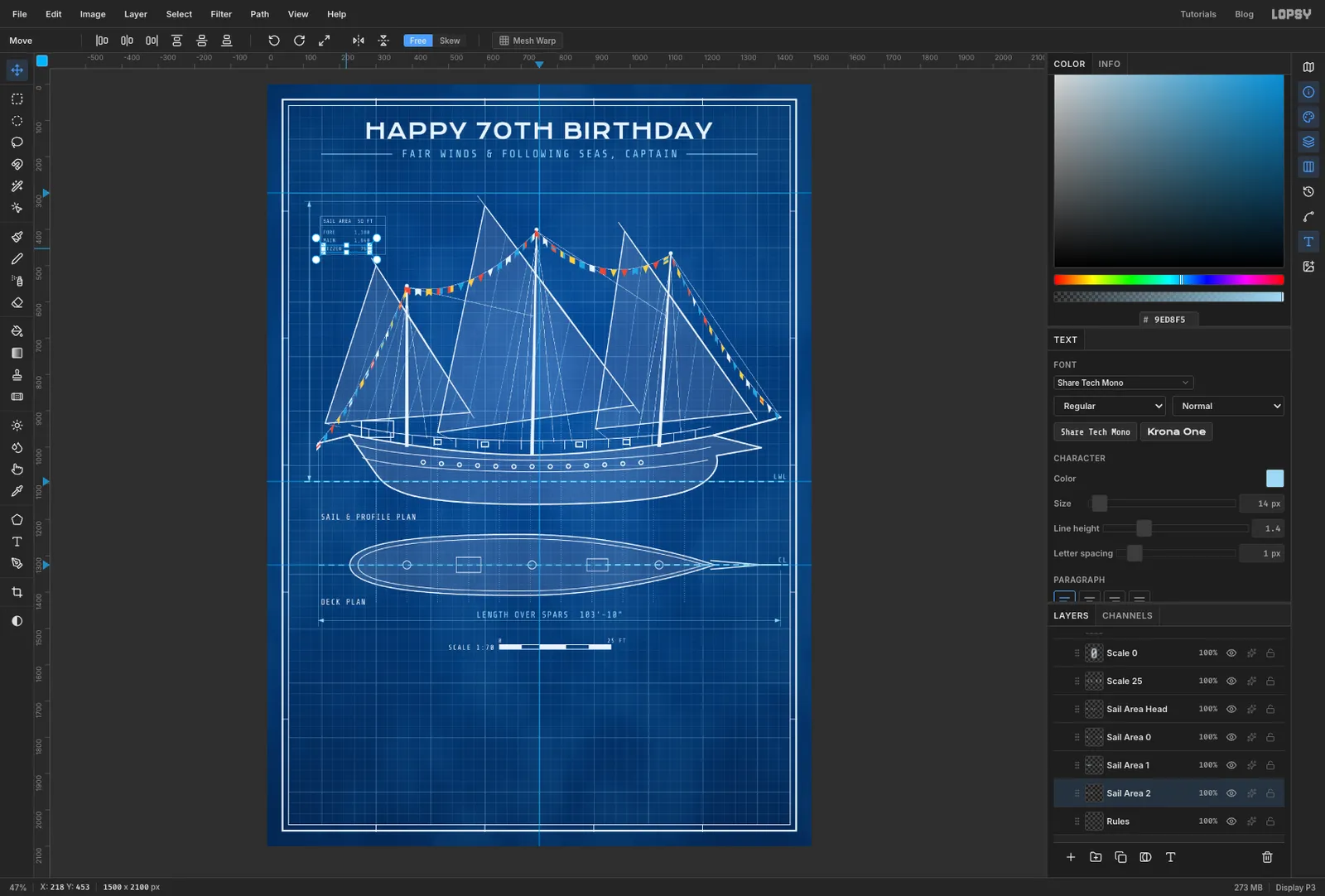 View labels, the length label, waterline and centreline tags, scale numbers and a small sail-area table