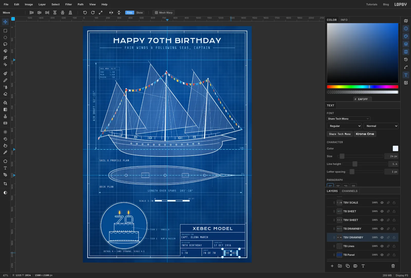 The title block divided into cells, reading XEBEC MODEL, prepared for Capt. Elena March, occasion, launch date, scale, sheet and drawn by