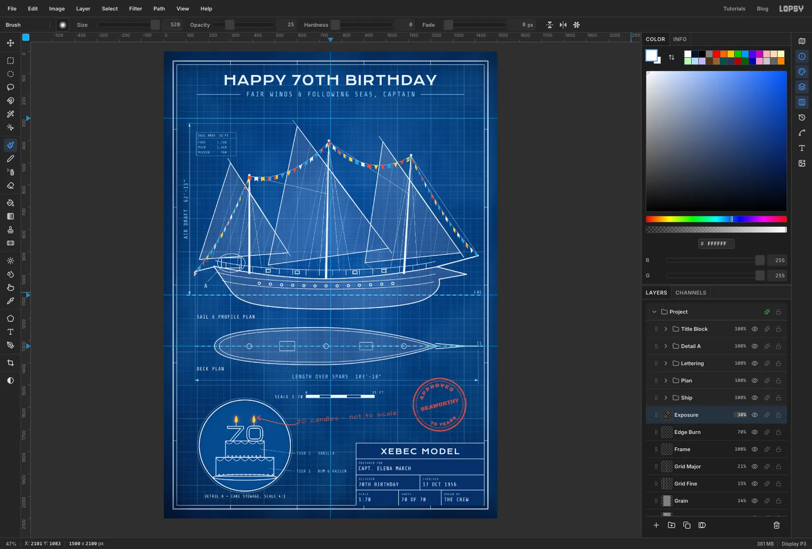 The finished sheet with a soft lighter patch beside the main sail and over the deck plan