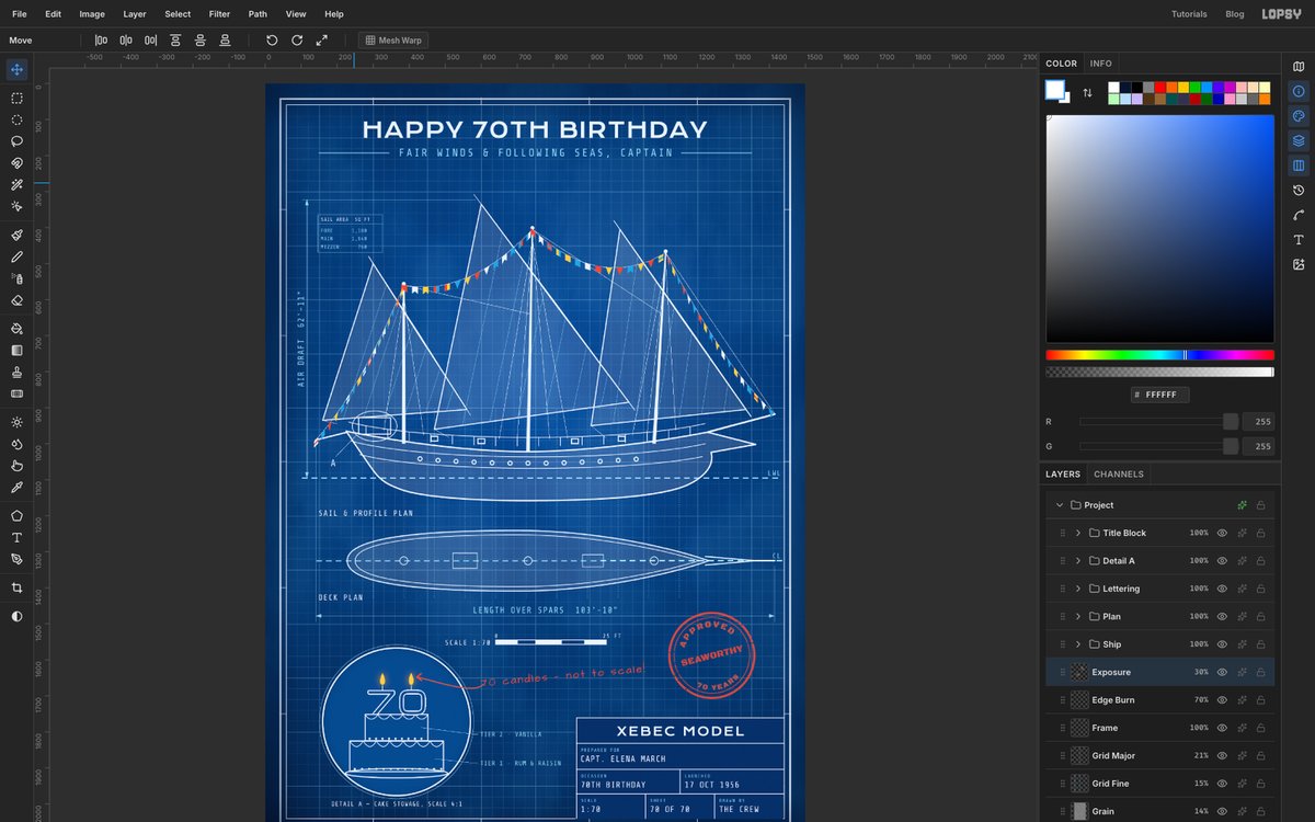 Lopsy with the finished Xebec Model blueprint birthday card open. A white line drawing of a three-masted sailing ship dressed in signal flags sits on a blue gridded sheet, above a deck plan, a circular cake detail, a red approval stamp and a title block. The Layers panel shows Title Block, Detail A, Lettering, Plan and Ship groups above the sheet layers