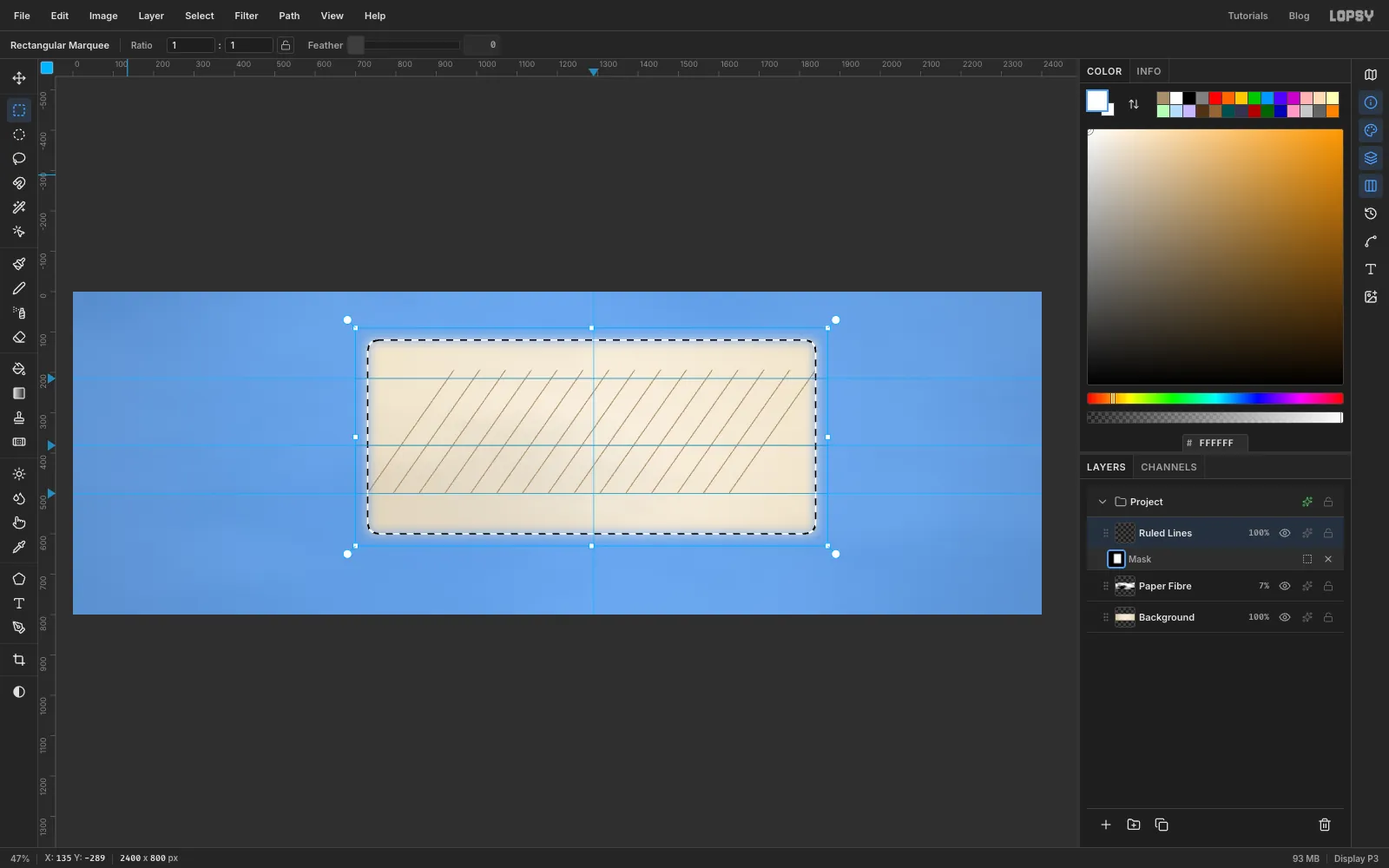 The canvas tinted blue in mask editing mode, with a feathered marquee around the middle of the ruling