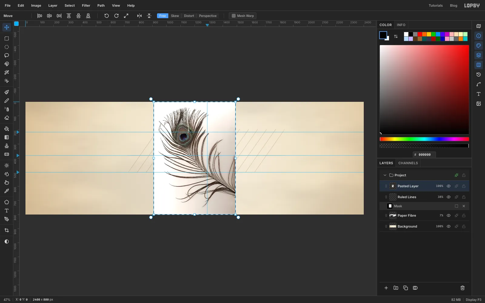The feather scan dropped onto the canvas as a new layer, fitted to the height, with transform handles around it