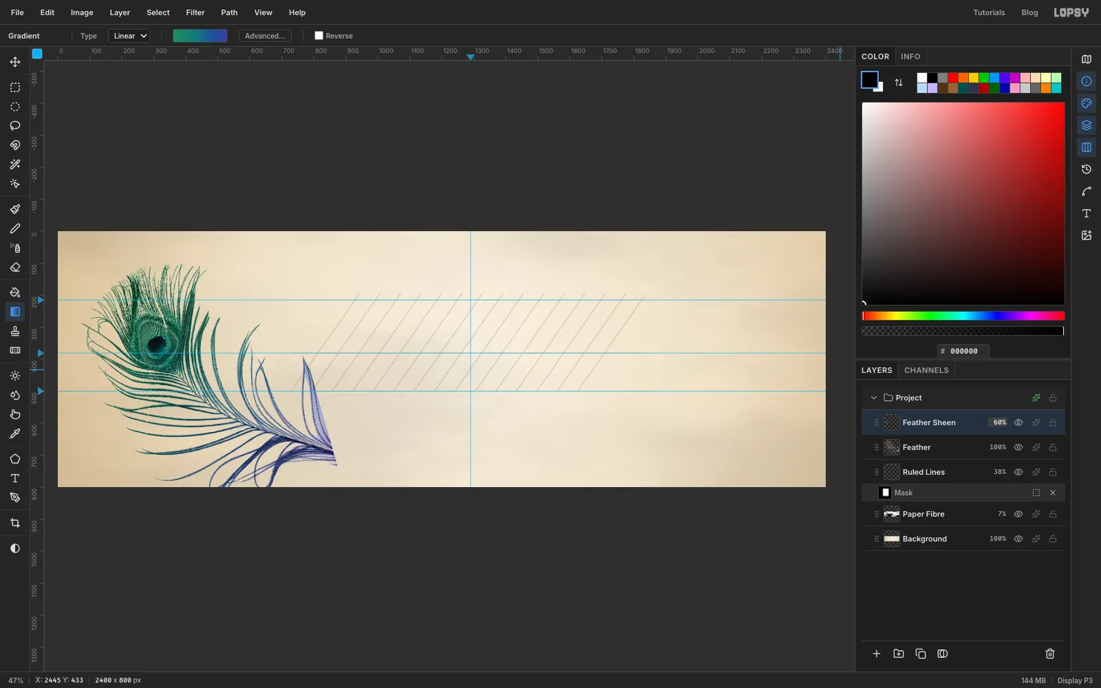 The feather now tinted emerald at the eye fading to blue toward the quill