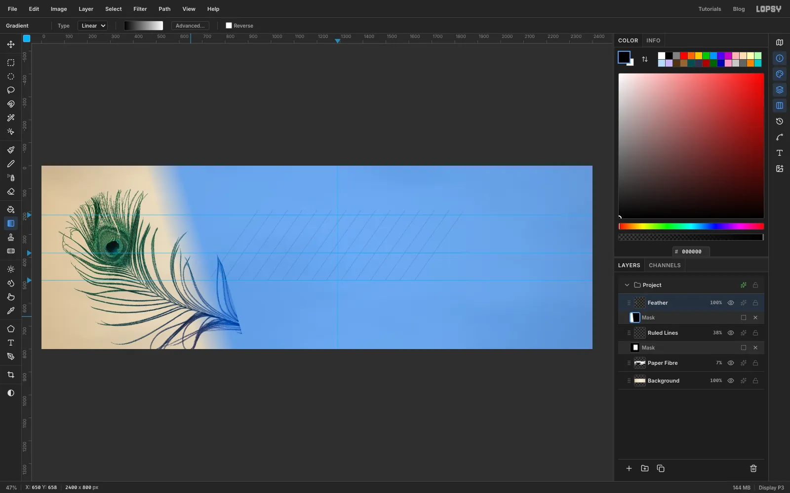 The feather layer mask being edited, the canvas tinted blue where the mask hides the feather's right end