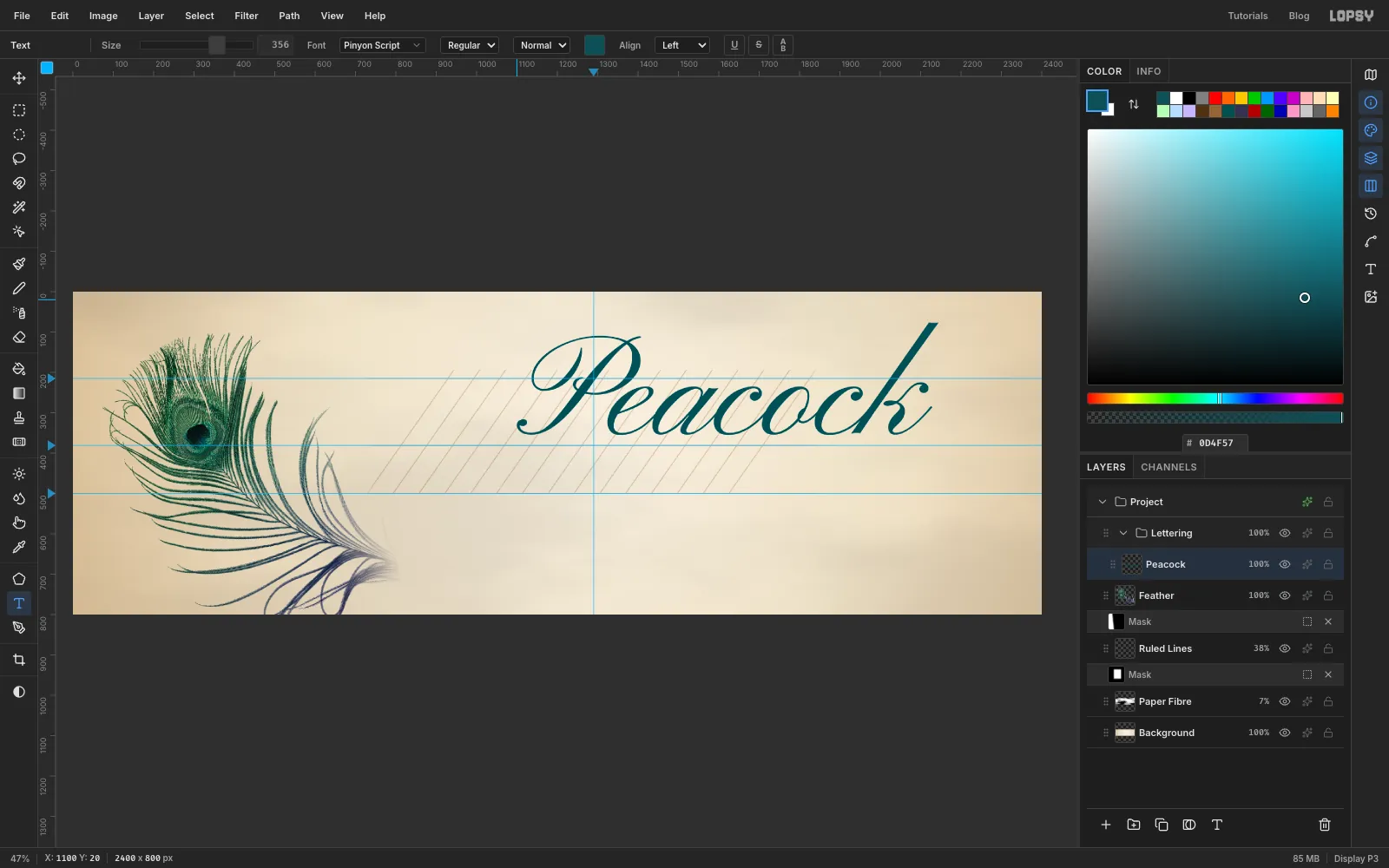 The word Peacock typed in Pinyon Script near the top of the canvas