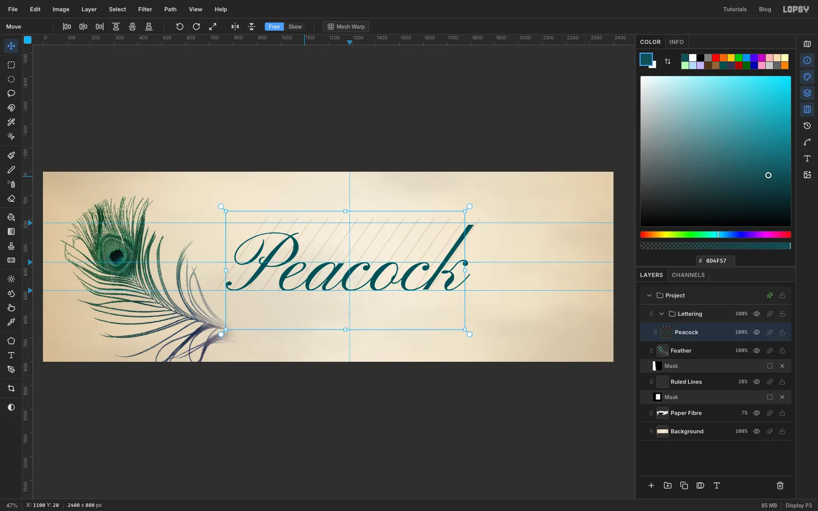 Peacock moved so its letters stand on the baseline guide and centre on the vertical guide