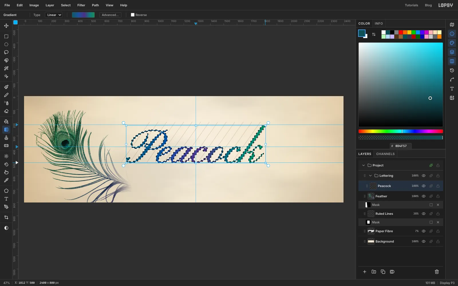 Peacock filled with a teal to blue to violet to emerald gradient inside its letter shapes