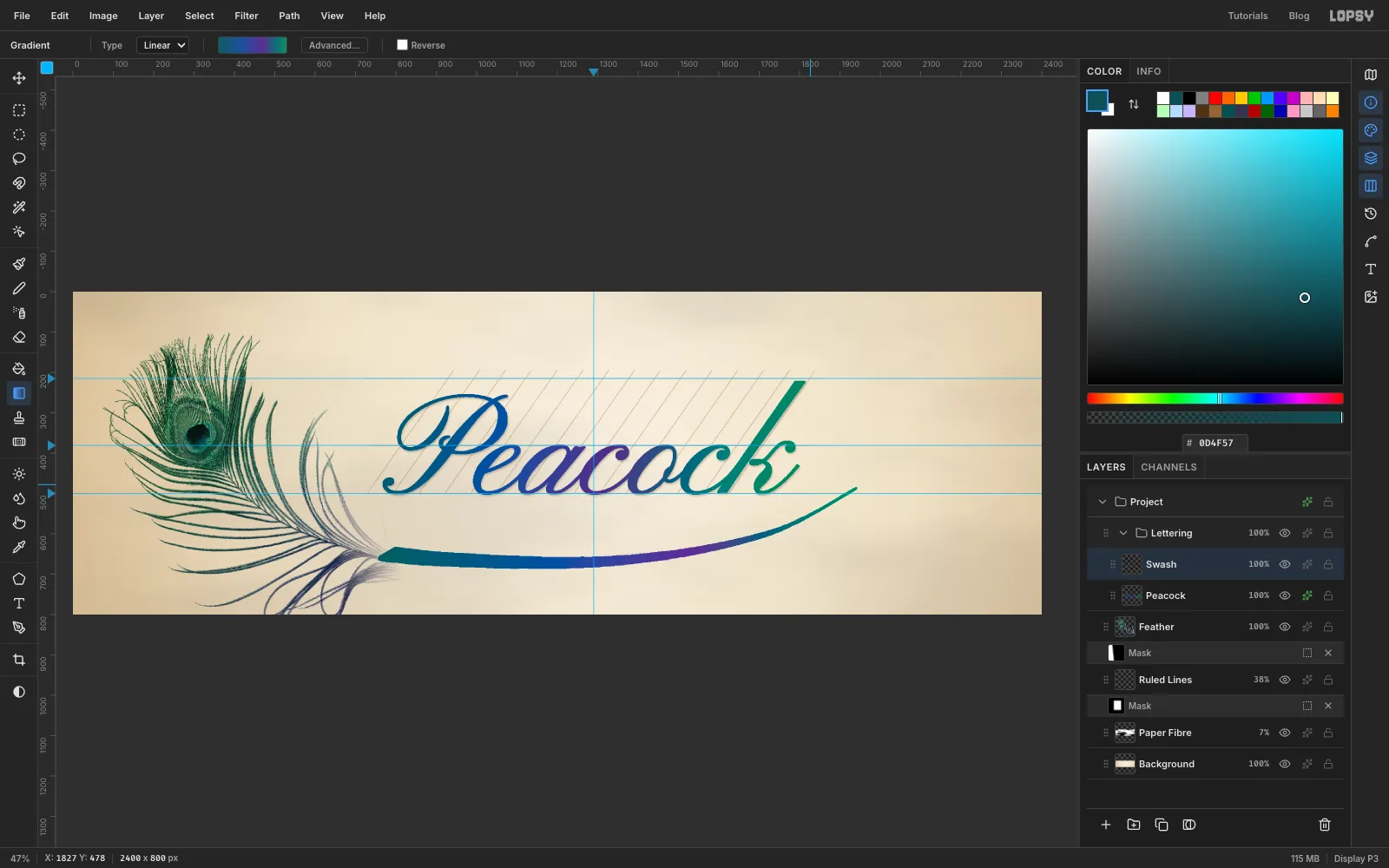 The swash filled with a teal, blue, violet and emerald ink gradient close to the headline's