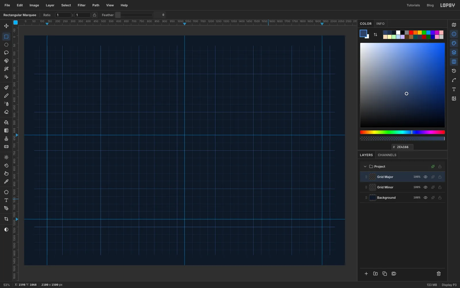 A faint blue drafting grid of small 50 px squares with stronger lines every 250 px, filled inside the margins of the navy board