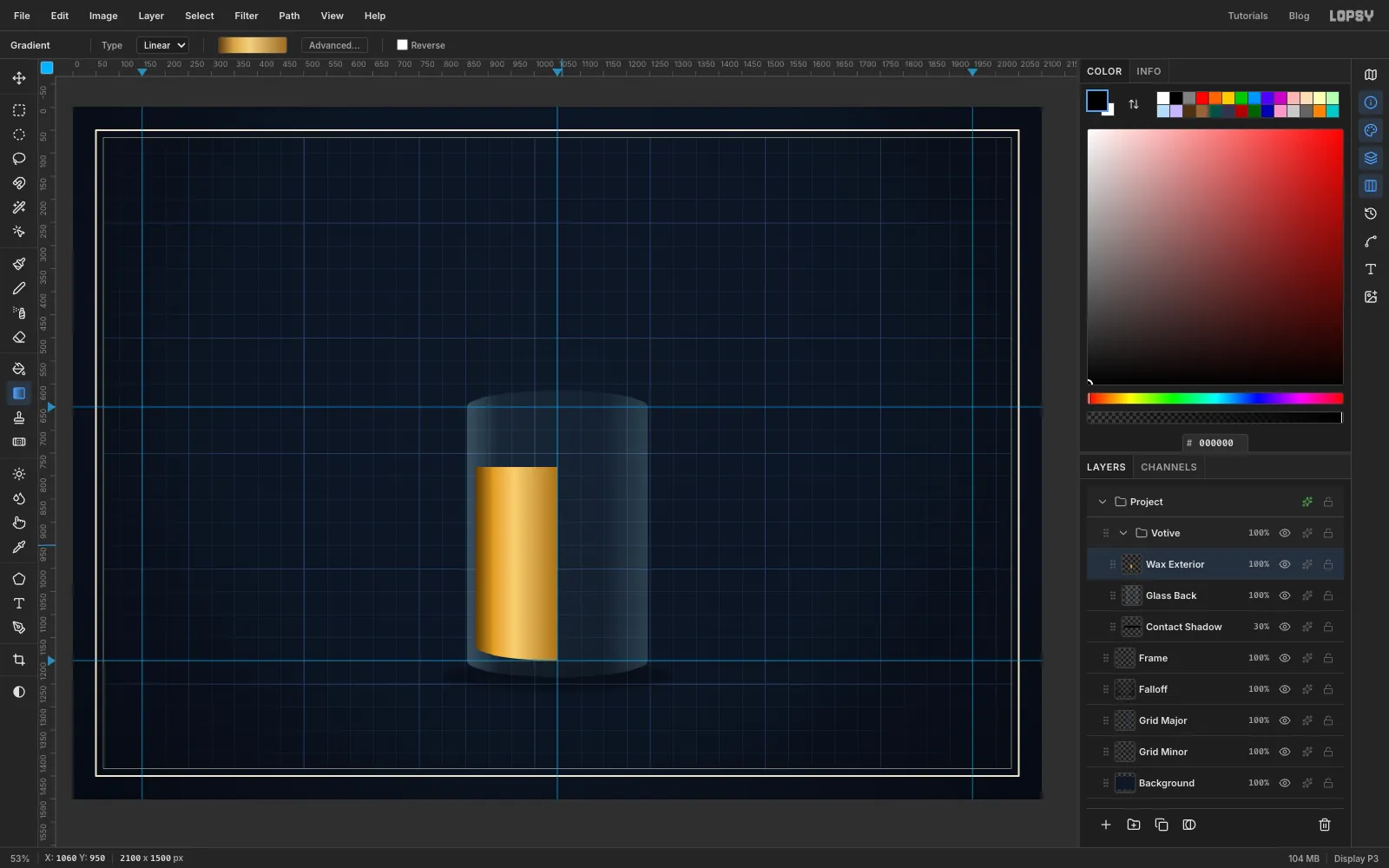 The left half of the candle filled with a honey gradient that reads as a rounded cylinder, dark at its left edge and bright a third of the way across