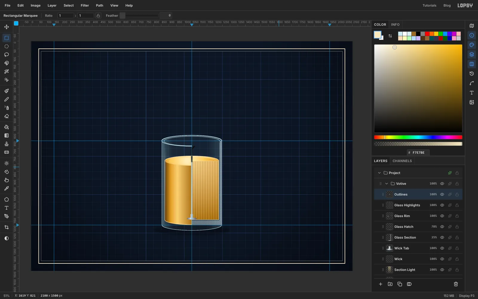 Crisp pale outlines around the whole glass tumbler and around the candle's outer silhouette, including the straight edge where the cut face meets the base