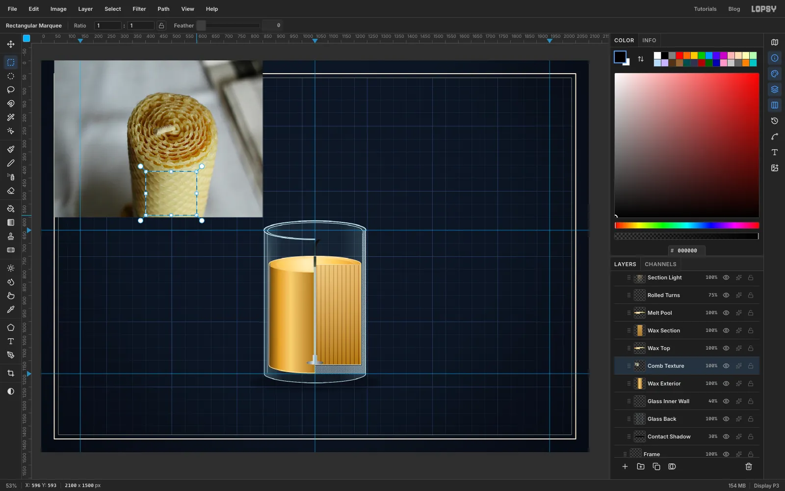 A rectangular marquee over the honeycomb side of the candle in the photo, just below the spiral top