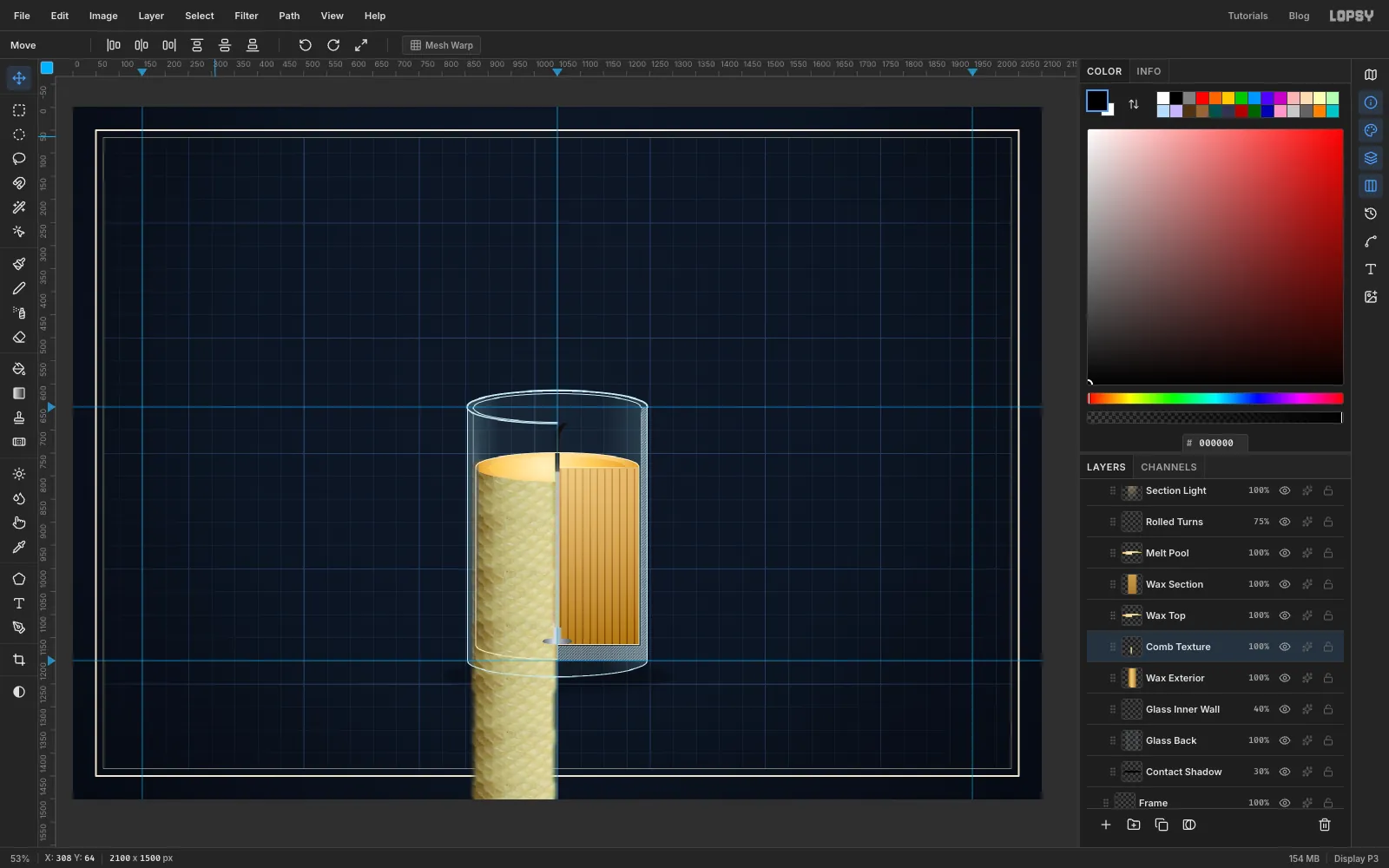 Four overlapping copies of the honeycomb band stacked in a column down the left half of the candle and running past its base