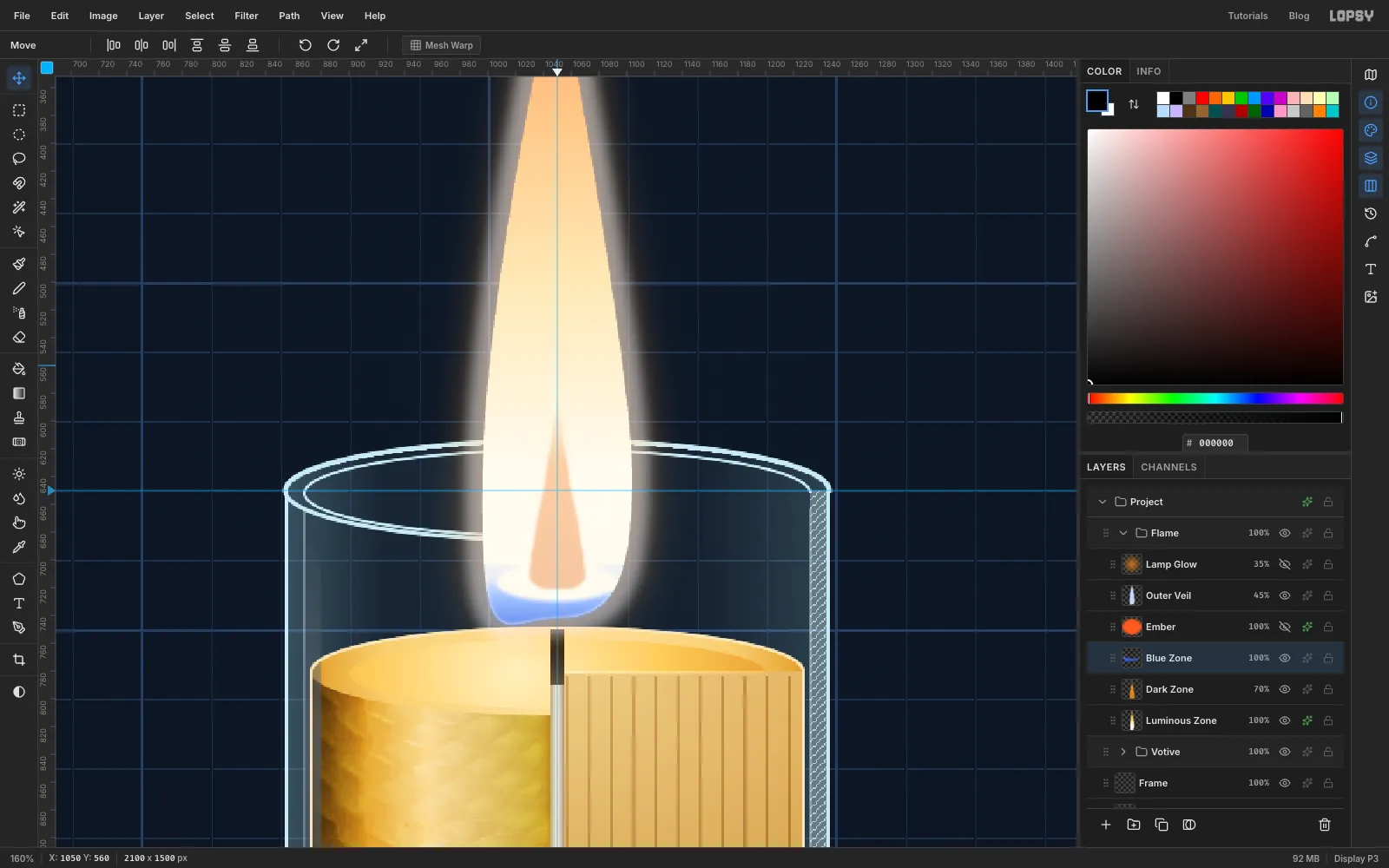A close-up of the flame with a pale veil around it, an amber cone in its core around the wick and a thin blue crescent cupping its base