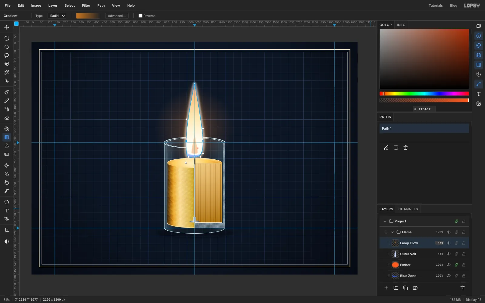 The finished flame with a tiny orange ember on the curled wick and a warm amber glow around it