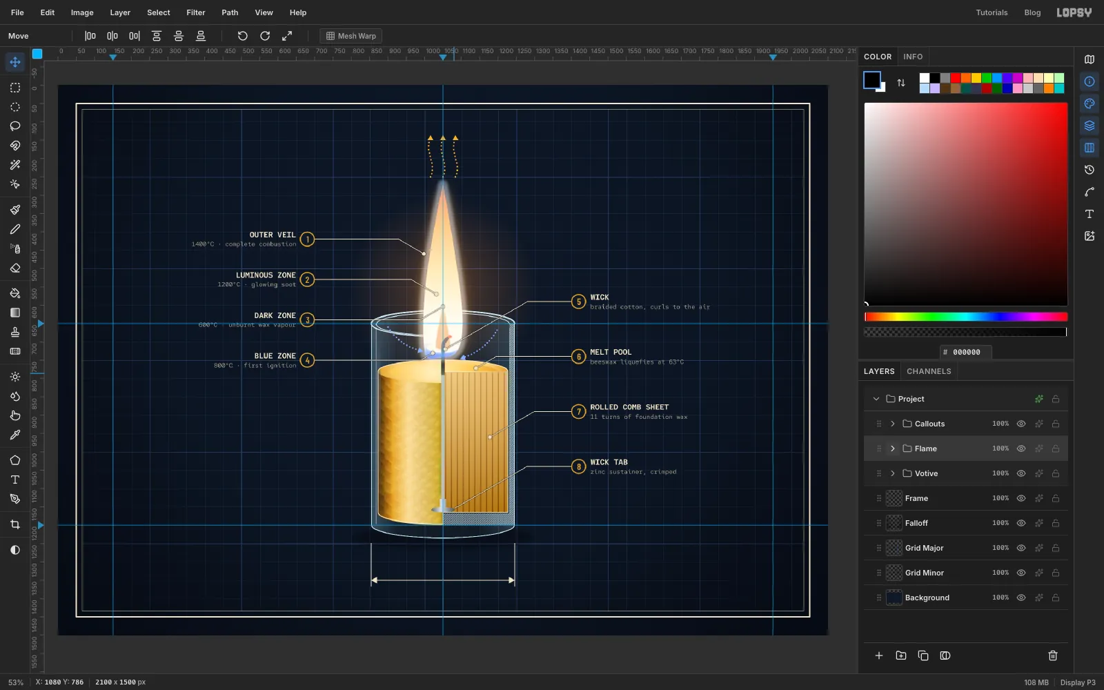 The charred wick now visible inside the base of the flame, rising through the dark zone to the glowing ember