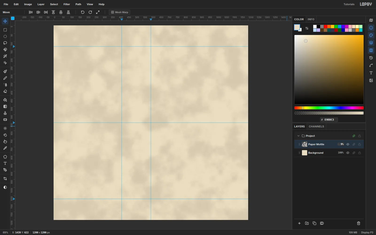 The canvas filled with warm parchment and a faint cloudy mottle at 9% opacity