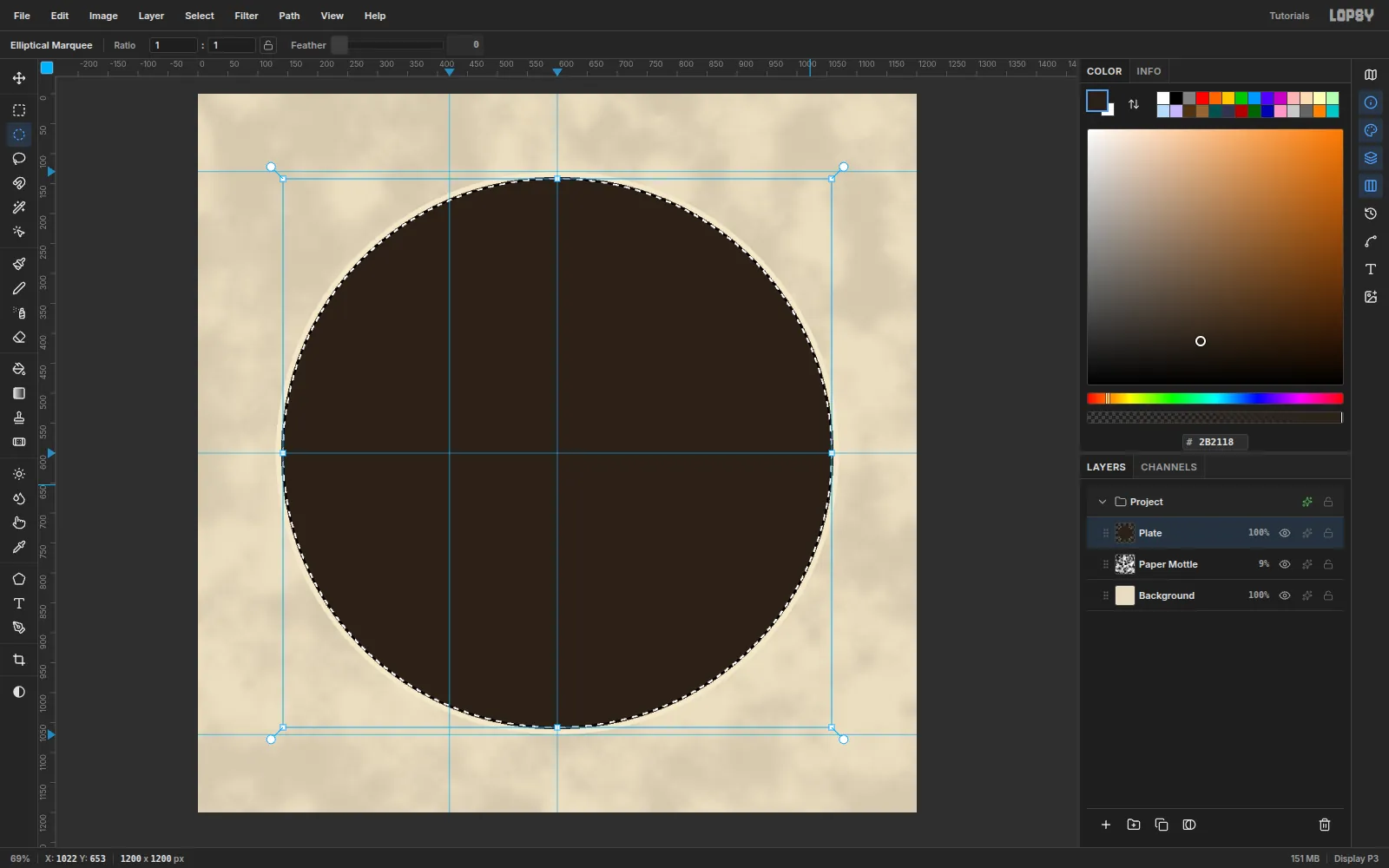 A 940 px dark disc selected with marching ants over the parchment, with guides crossing its centre