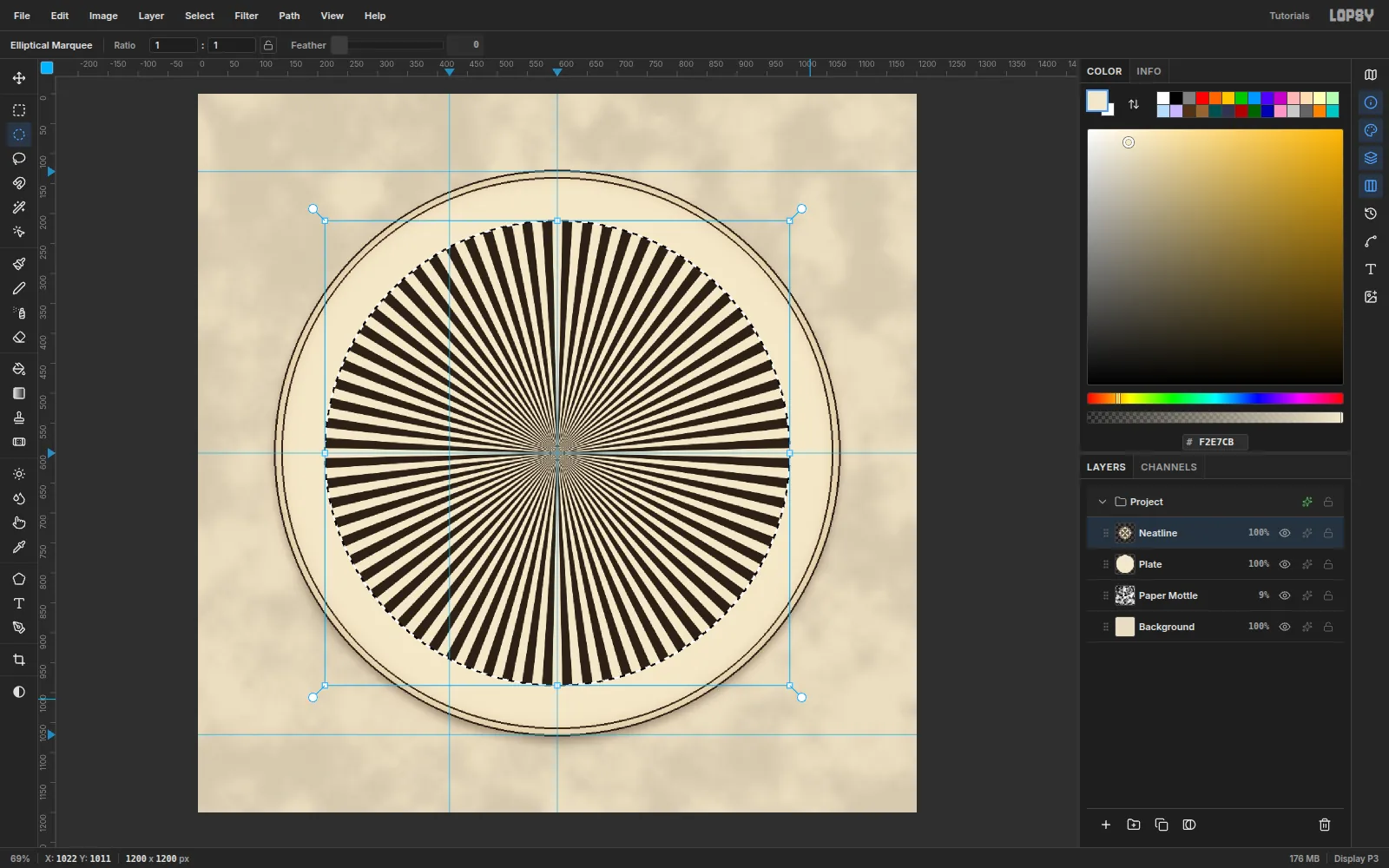 The Sunburst filter drawing 72 cream wedges over a dark ink disc inside the plate