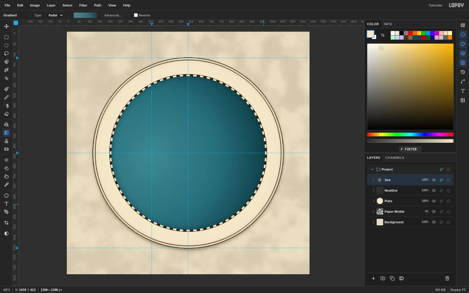 The inside of the neatline filled with a teal radial gradient that is lightest near the compass position