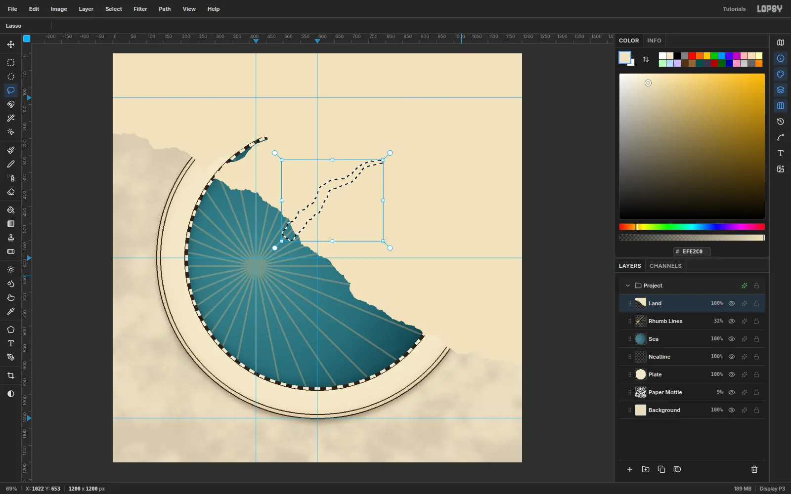 A narrow tapering Lasso selection snaking from the coast up into the land, with the first fjord already cut