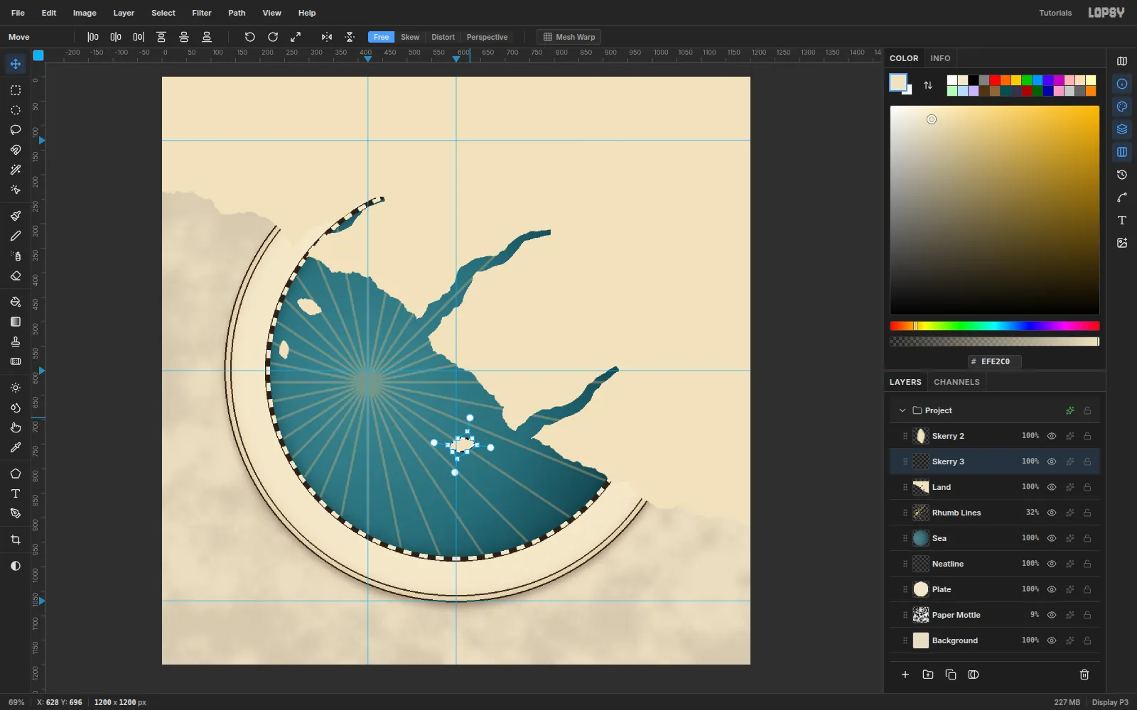 A small island being rotated with the Move tool's rotation handle, with the marching ants turning with it