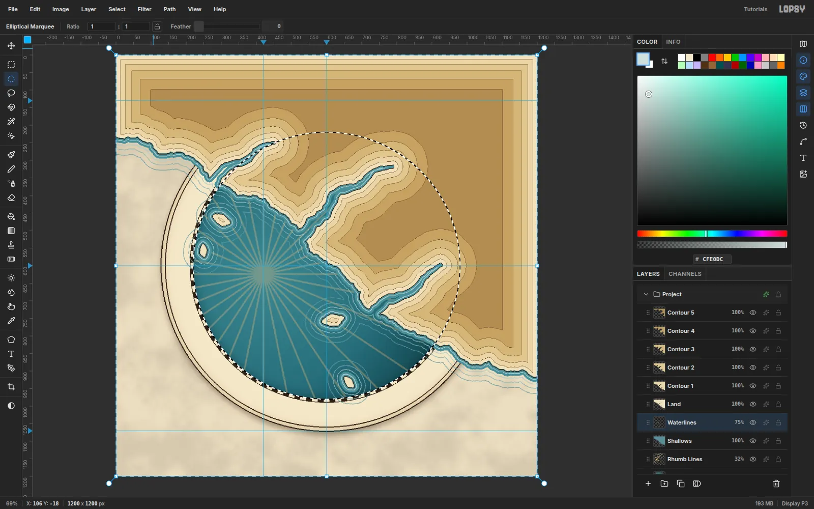 An inverted selection covering everything outside the chart circle, ready to trim the land and waterlines