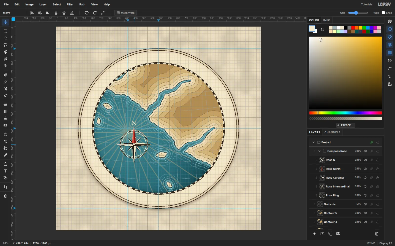 The Compass Rose group being dragged across the sea with a 16 px grid showing and Snap on