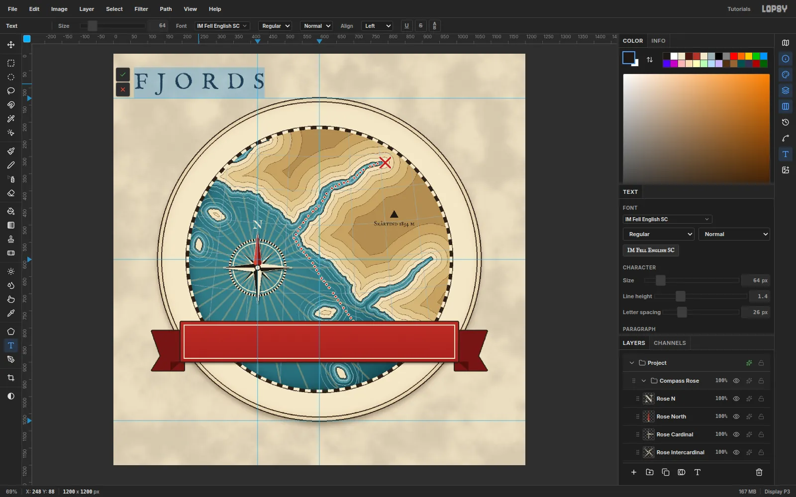 FJORDS highlighted with Select All in the text editor, ready to be recoloured