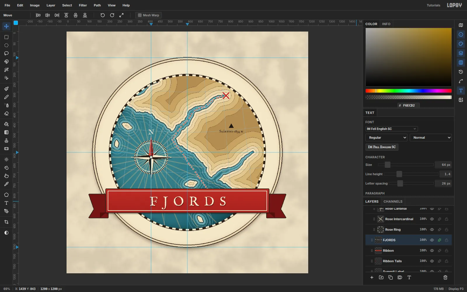 FJORDS in cream capitals centred in the red ribbon, with the J descender clear of the inner rule