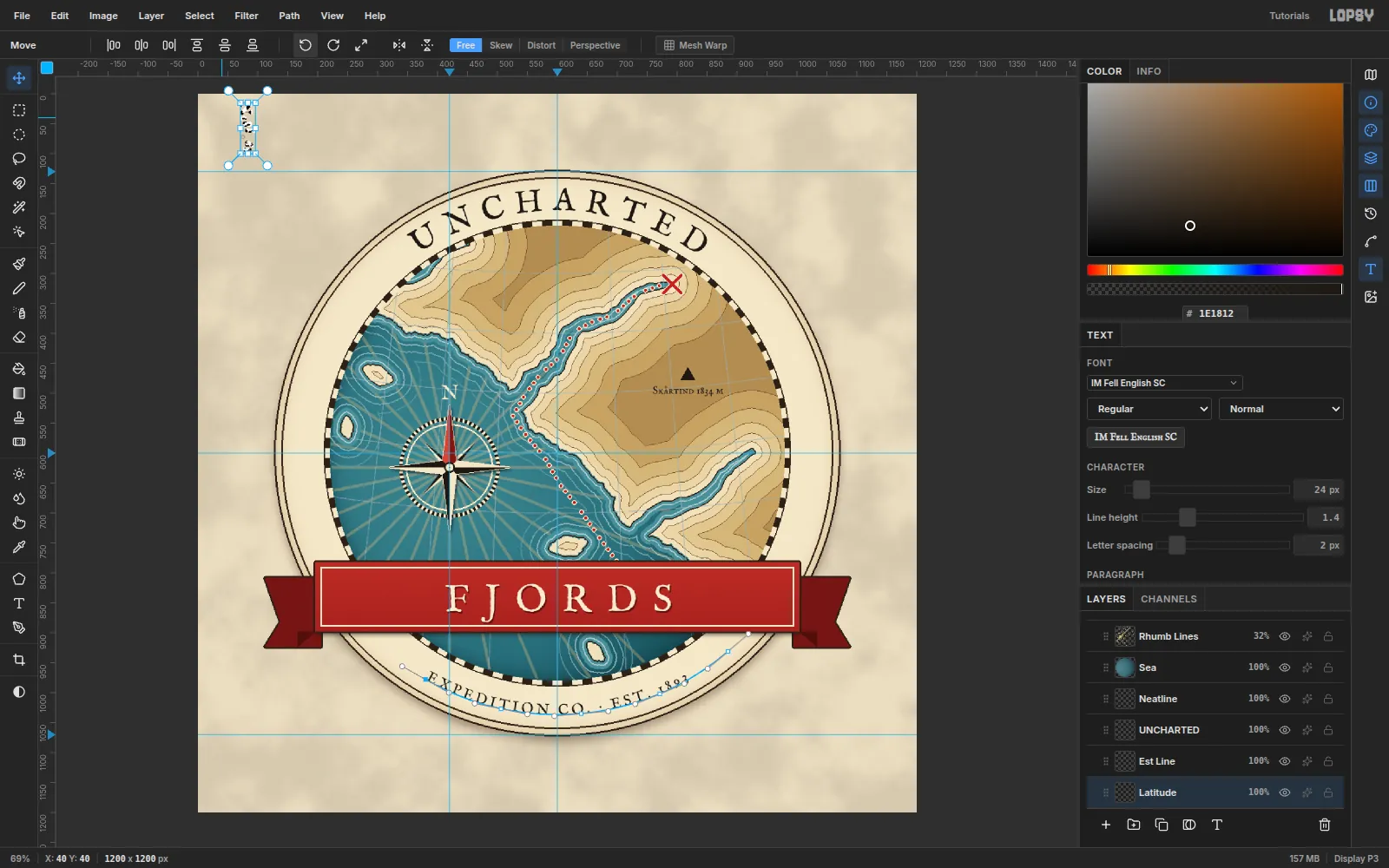 A small latitude label selected and rotated a quarter turn with Rotate 90° CCW in the Move options bar