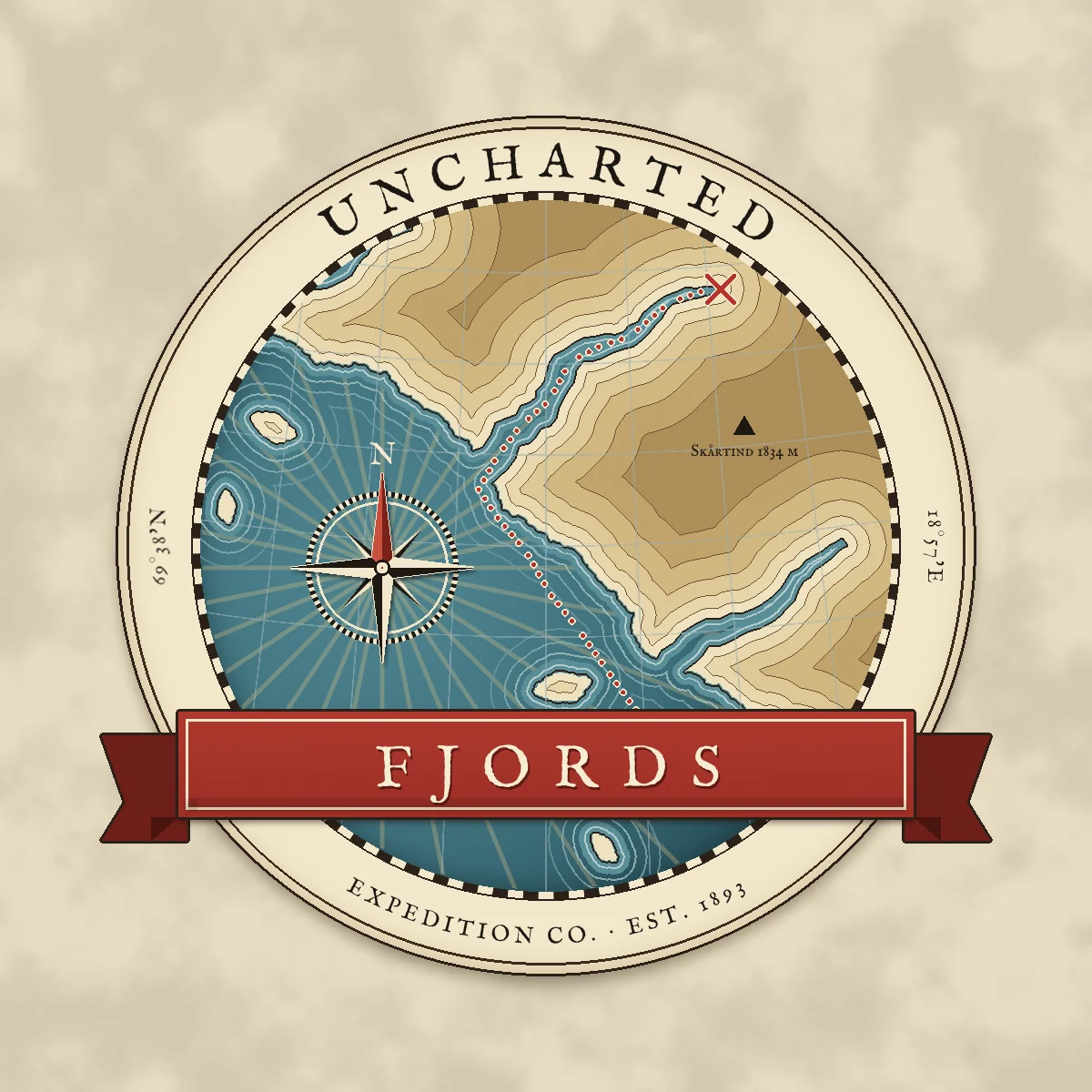 The finished Uncharted Fjords Expedition Co. logo. It is a cream seal with UNCHARTED arched across the top and EXPEDITION CO. · EST. 1893 along the bottom. Inside a black-and-white degree border is a chart of a rocky coast with stepped tan contour tints, three teal fjords ringed by engraved waterlines, small islands, pale rhumb lines, a compass rose with a red north point, and a dotted red route up a fjord to an X. A red ribbon across the lower third reads FJORDS in old-style capitals.