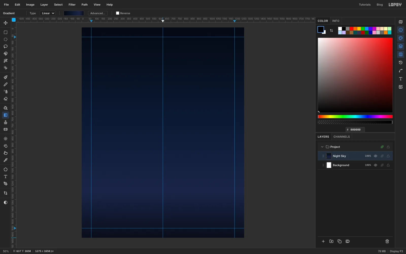 The canvas filled top to bottom with a near-black navy that lightens to midnight blue three quarters of the way down and darkens again at the bottom