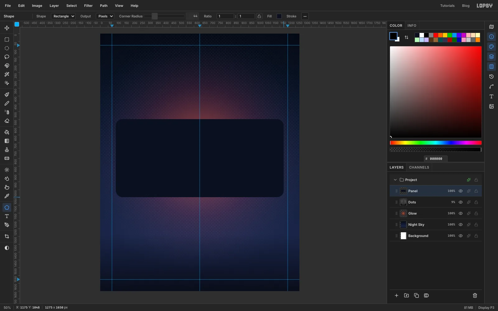 A dark navy rounded rectangle drawn across the middle of the page, from the left guide to the right guide
