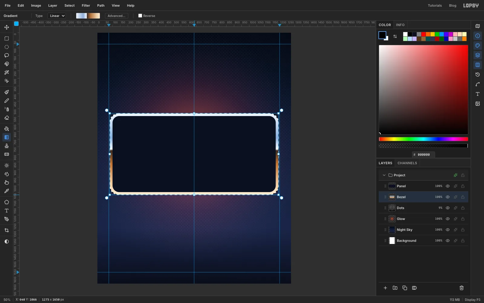 The panel's outline loaded as a selection and grown by 18 px, filled with a vertical chrome gradient: pale blue top, a sharp dark horizon, warm tan bottom