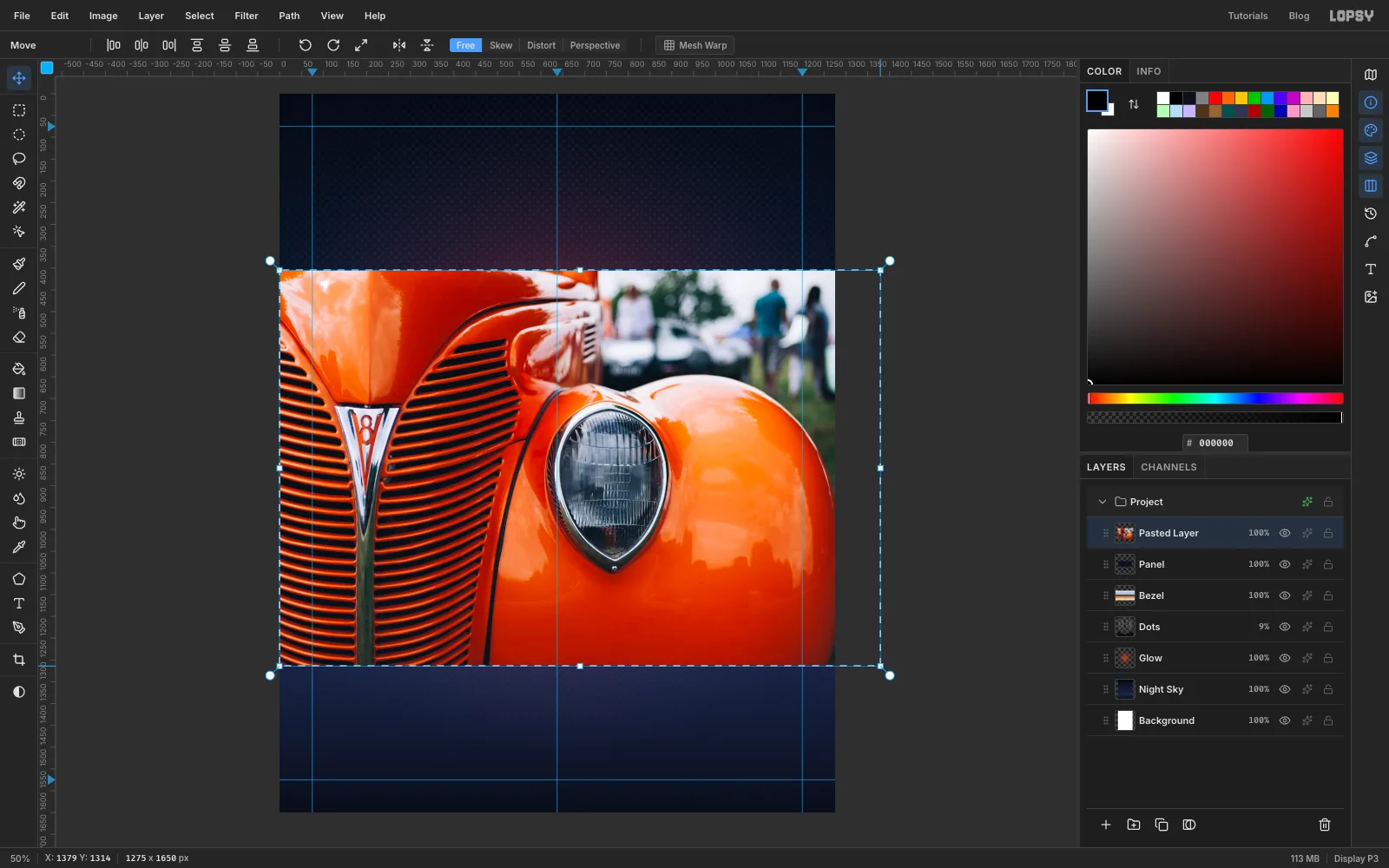 The grille photo pasted over the panel at the full width of the canvas, with transform handles around it and the bottom-right corner being dragged outward