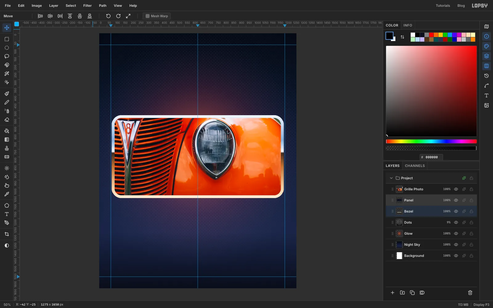The photo trimmed to the rounded panel inside its chrome bezel, the headlight just right of centre and the orange fender filling the top edge