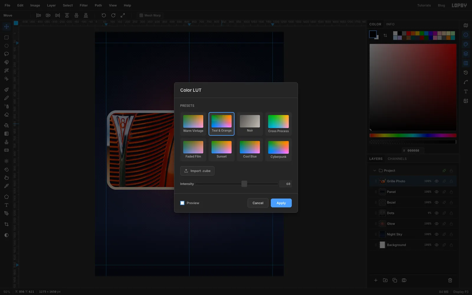 The Color LUT dialog open over the photo with the Teal and Orange preset selected and Intensity at 60
