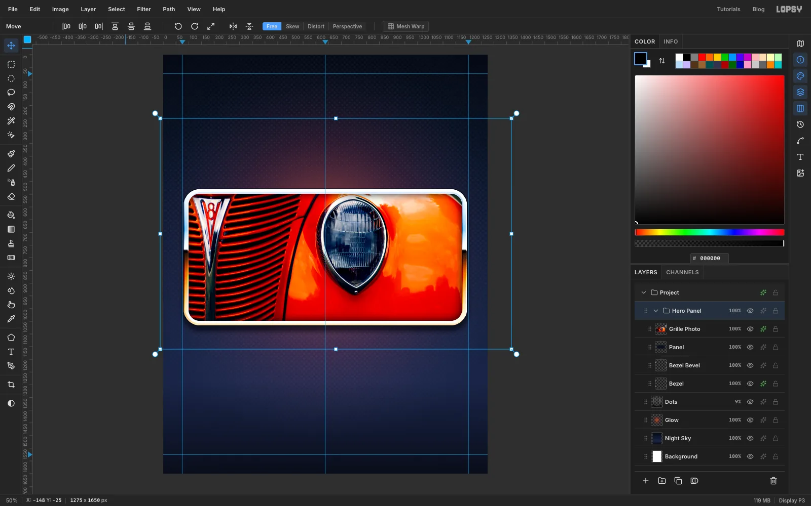 The four panel layers wrapped in a group called Hero Panel, with the group's transform frame around the photo