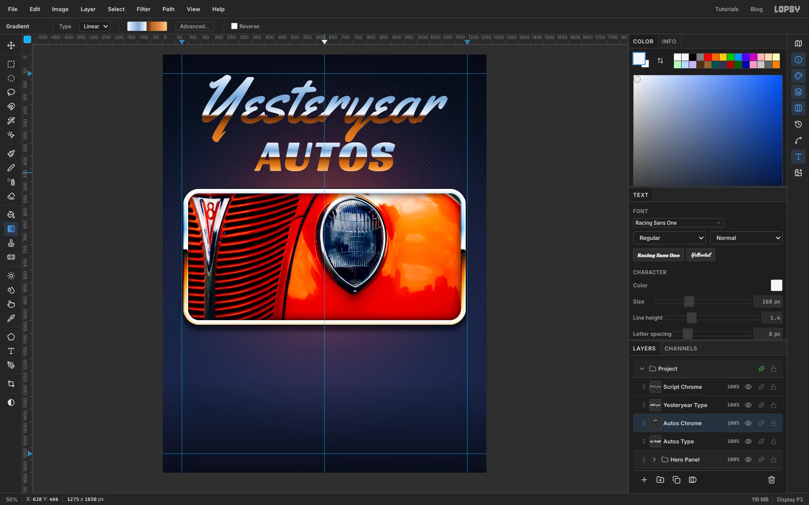 Both words plated: the script and AUTOS share the same sky, horizon and orange reflection