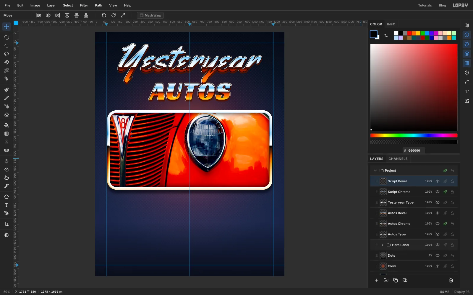 The chrome words with a subtle raised bevel along every stroke from embossed Overlay copies