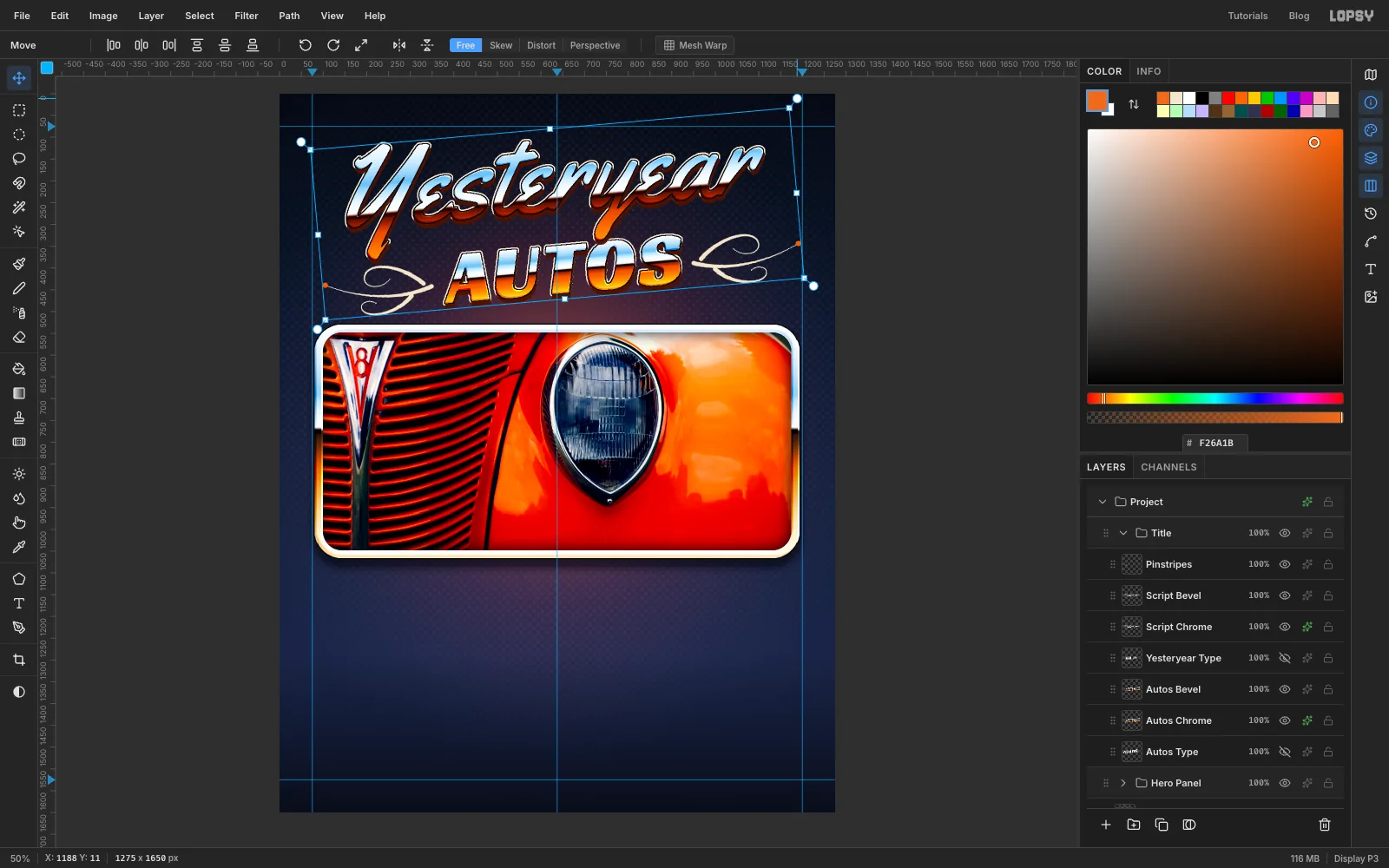 The title group selected with the Move tool, its frame rotating anticlockwise from the top-right rotation handle