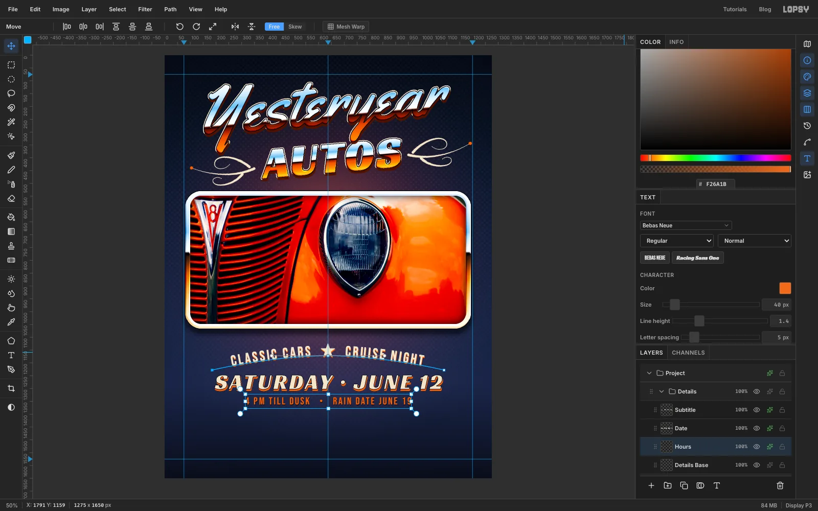 SATURDAY · JUNE 12 in big cream italic capitals with an orange extruded edge, and the orange times line beneath it