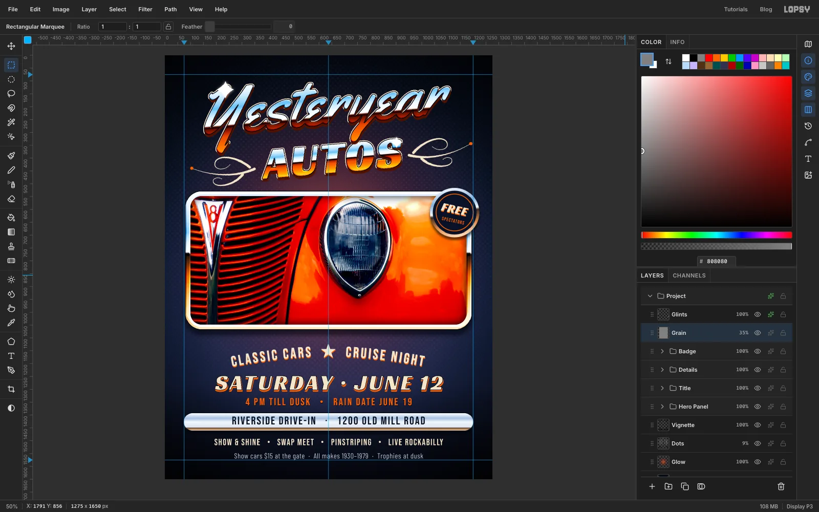 The finished flier with a Grain layer in Overlay mode at 35%, giving the sky, photo and chrome a fine printed texture